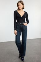 Trendyol Black Gathered/Drape Detailed Fitted/Body-Smoothing Long Sleeve Flexible Knitted Blouse