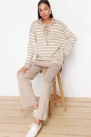 Trendyol Mink Striped Collar Tie Detailed Sweater-Pants Knitwear Bottom-Top Set