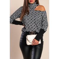 Elegantes T-Shirt Mit Geometrischem Print Und Asymmetrischem Ausschnitt  Venitya, Schwarz