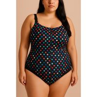 Plus Size Badeanzug Mit Polka Dot Print, Schwarz