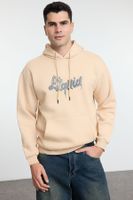 Trendyol Stone Oversize/Wide Cut Text Printed Inside Polar Fleece Hooded Sweatshirt