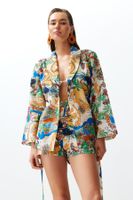 Trendyol Tropical Patterned Belted Woven 100% Cotton Kimono Shorts Set