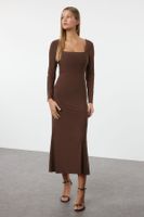 Trendyol Brown Maxi Flounce Square Neck Body-Smoothing Flexible Knit Dress
