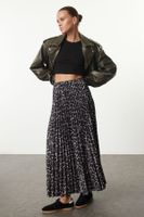 Trendyol Dark Brown Pleated Leopard Printed Stretchy Knitted Skirt