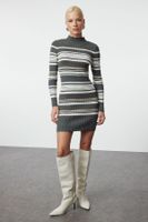 Trendyol Gray Mini Knit Color Block Stand Collar Dress