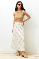 Trendyol Ecru Floral Pattern A-Line Midi Length Woven Linen Blended Skirt