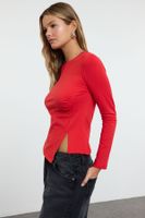 Trendyol Red Single Slit Detailed Gathered Crew Neck Knitted Blouse