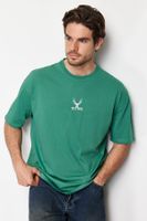 Trendyol Green Oversize/Wide Cut Deer Embroidered 100% T-Shirt