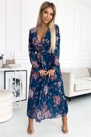 Numoco pleated chiffon long dress with neckline, long sleeves and belt