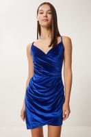 Happiness İstanbul Women's Blue Wrap Neckline Gathered Mini Velvet Dress