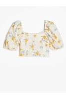 Koton Linen Crop Blouse Floral Square Neck Gipe Detailed