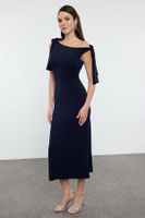 Trendyol Navy Blue Tie Detailed Knitted Long Elegant Evening & Graduation Dress