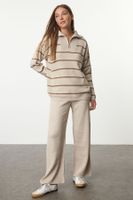 Trendyol Beige Wide Pattern Zippered Knitwear Top-Bottom Set