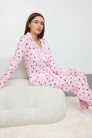 Trendyol Pink 100% Cotton Floral Openwork/Hole Ribbed Knitted Pajama Set