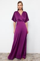 Trendyol Plum A-Cut Woven Satin Long Elegant Evening Dress