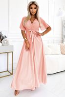 545-4 Long dress with pleated neckline and tie - peach color