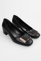 Shoeberry Women's Pluto Black Skin Buckle Heeled Shoes