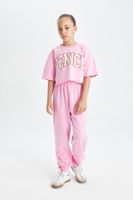 DEFACTO Girls 2-Piece Set Crew Neck Printed Short Sleeve T-Shirt Elastic Waist Jogger Sweatpants