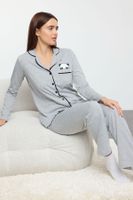 Trendyol Grey Melange Cotton Panda Printed Knitted Pajama Set