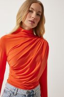 Happiness İstanbul Women's Orange Gathered Detailed High Neck Sandy Blouse