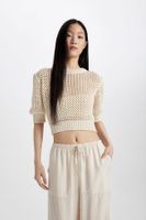 DEFACTO Crew Neck Half Sleeve Crochet Knitted T-Shirt