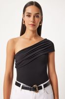 Happiness İstanbul Women's Black One-Shoulder Gathered Knitted Blouse