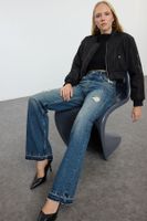 Trendyol Dark Blue Ripped Normal Waist Wide Leg Jeans