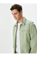 Koton Washed Denim Jacket Camouflage Collar Pocket Detailed Zipper