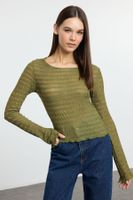 Trendyol Khaki Fitted/Body-Smoothing Textured Tulle Flexible Knit Blouse