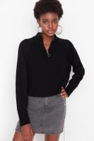 Trendyol Black Crop Zippered Stand Collar Basic Knitwear Sweater