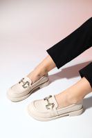 LuviShoes NORMAN Cream Skin Stone Buckle Women's Loafer Shoes