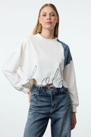 Trendyol Ecru Denim Garni and Embroidery Detail Crop/Short Relaxed Knitted Sweatshirt