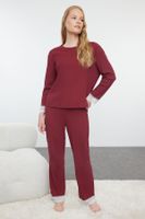 Trendyol Burgundy Ribbon/Bow and Lace Detailed Ribbed Knitted Pajama Set