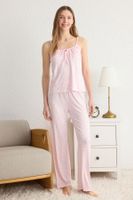 Trendyol Pink Floral Tied and Rope Suspender Knitted Pajama Set