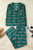 Trendyol Curve Emerald Green Shirt Collar Tiger Patterned Woven Pajama Set