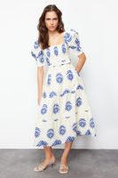 Trendyol Blue Patterned Square Neck Linen Look Belted Midi Woven Dress