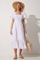 Happiness İstanbul Women's White Square Collar Linen Dress