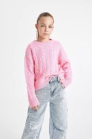 DEFACTO Girl Light Pink Crew Neck Hair Knitted Sweater