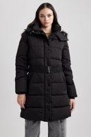 DEFACTO Water Repellent Long Coat Parka Heat Insulated Belted Hooded Faux Für Lightweight