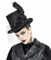 klobouk DEVIL FASHION - Abandoned Carnival - Gothic Top Hat with Fishnet and Feathers L-XXL