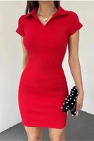 35605 Dewberry Polo Neck Dress with Short Sleeves-RED