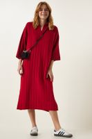 Happiness İstanbul Women's Red Polo Neck Oversize Knitwear Dress