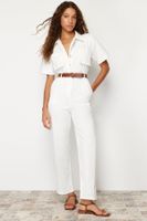 Trendyol White Short Sleeve Belted Denim Jumpsuit