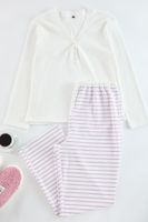 Trendyol Curve Lilac Striped Knitted Pajama Set with Snap Collar