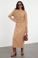 Trendyol Camel Knitwear Cardigan Dress Bottom-Top Set