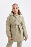 DEFACTO Girls Water Repellent Hooded Snap Waist Belted Faux Für Lined Long Raincoat