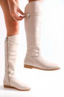 Shoeberry Women's Meroni Beige Skin-Cut Boots with Beige Skin.