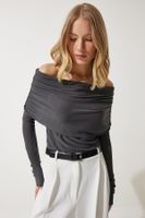 Happiness İstanbul Women's Anthracite Off-the-Shoulder Gather Detailed Blouse