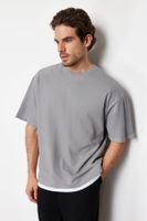 Trendyol Gray Oversize Textured 100% Cotton T-Shirt with Piece Detail