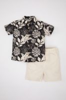 DEFACTO Baby Boy Palm Tree Patterned Flamed Poplin Shirt and Shorts 2-Piece Set